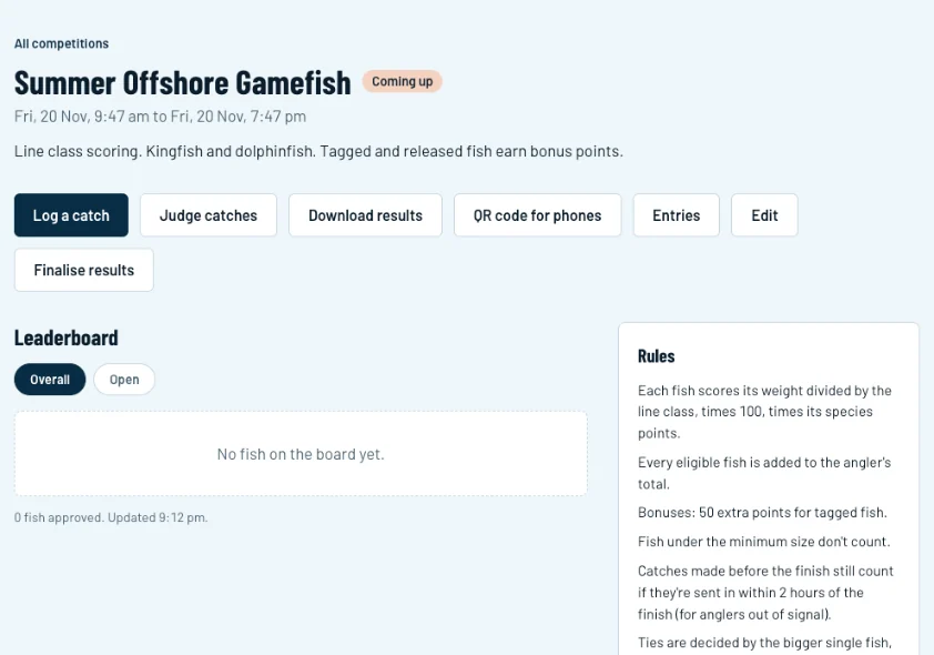 A competition page with buttons including QR code for phones