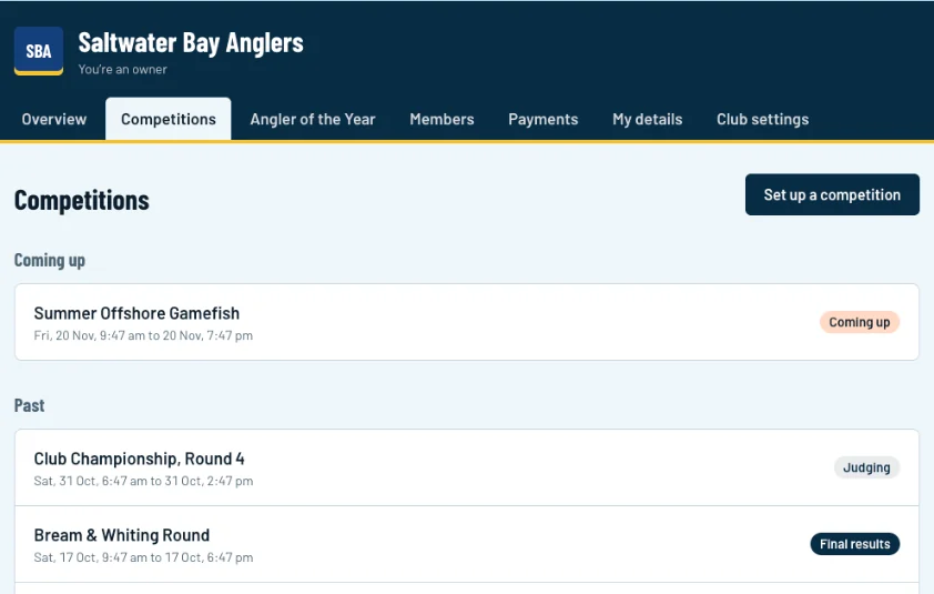 The Competitions page with the Set up a competition button