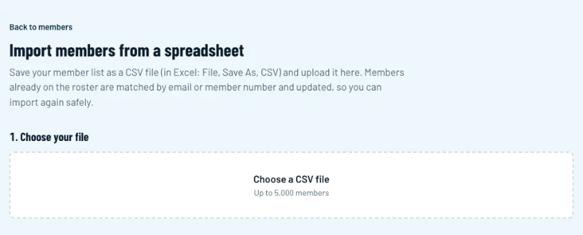 The Import members page with the Choose a CSV file box