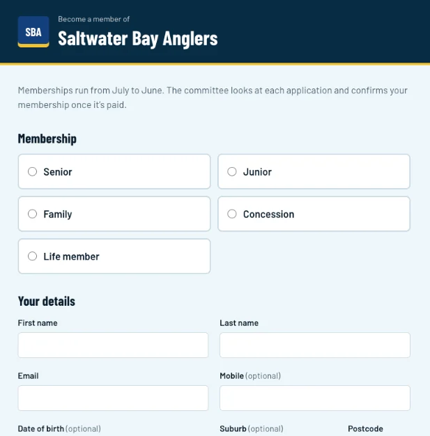 The public join page with membership options and the member's details form