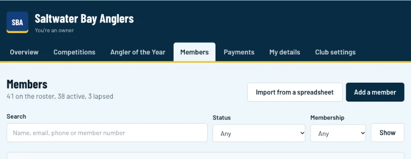 The Members page with the Import from a spreadsheet and Add a member buttons