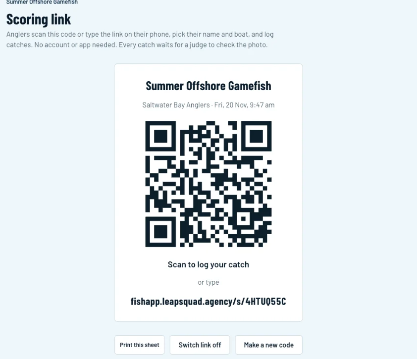 The scoring link page with a QR code, short link and Print this sheet button