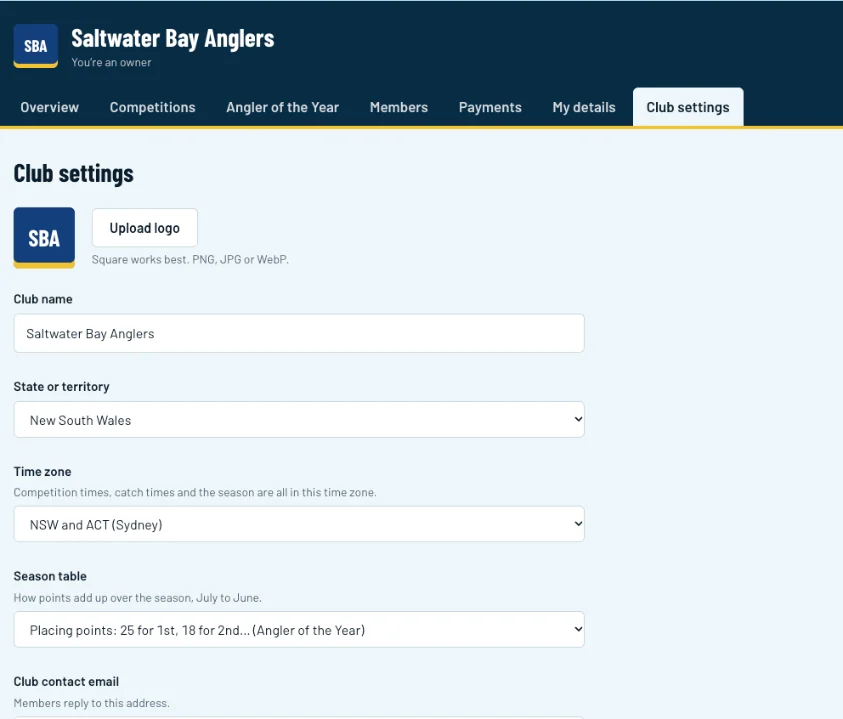 The Club settings page with the logo, club name, state, time zone and season table fields