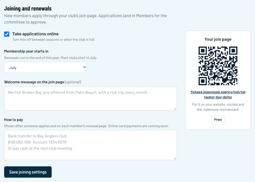 The Joining and renewals settings