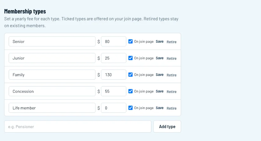 Membership types with a yearly fee and an On join page tick box for each