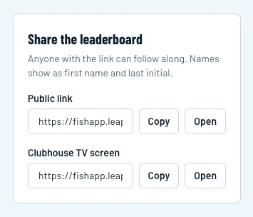 The Share the leaderboard box with a public link and a clubhouse TV screen link