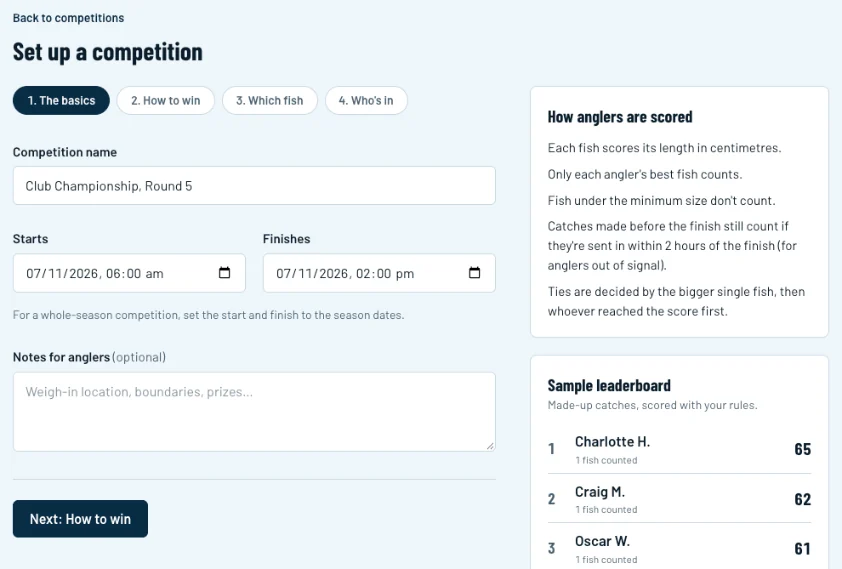 Step 1 of the competition wizard: name, start and finish