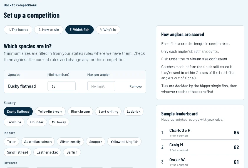 Step 3 of the wizard: species, minimum sizes and a sample leaderboard